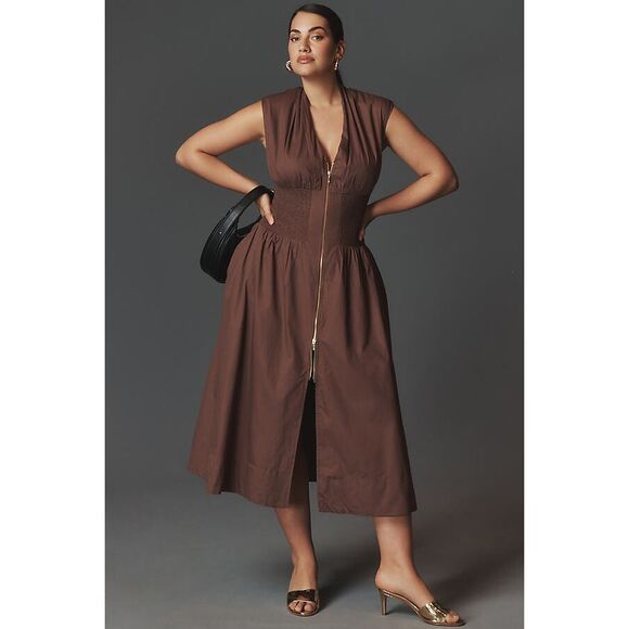 Anthropologie The Tommie Zip-Front Midi Dress Maeve Brown Medium M NEW - Picture 5 of 7